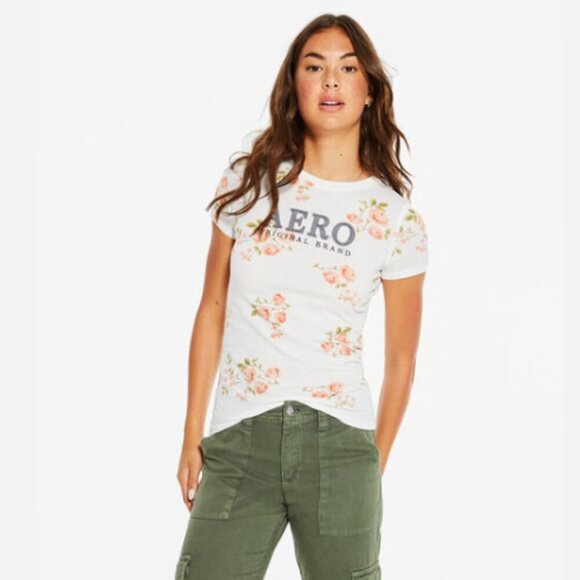 Aeropostale Classic Short Sleeve Peach Floral Large Graphic Shirt - Picture 2 of 8